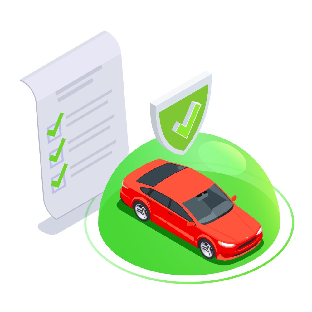 Red car with insurance checklist and shield icon representing professional car services in Miami including maintenance, protection, and premium vehicle care.