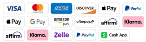 Accepted payment methods including Visa, MasterCard, Apple Pay, Google Pay, PayPal and Zelle for secure transactions